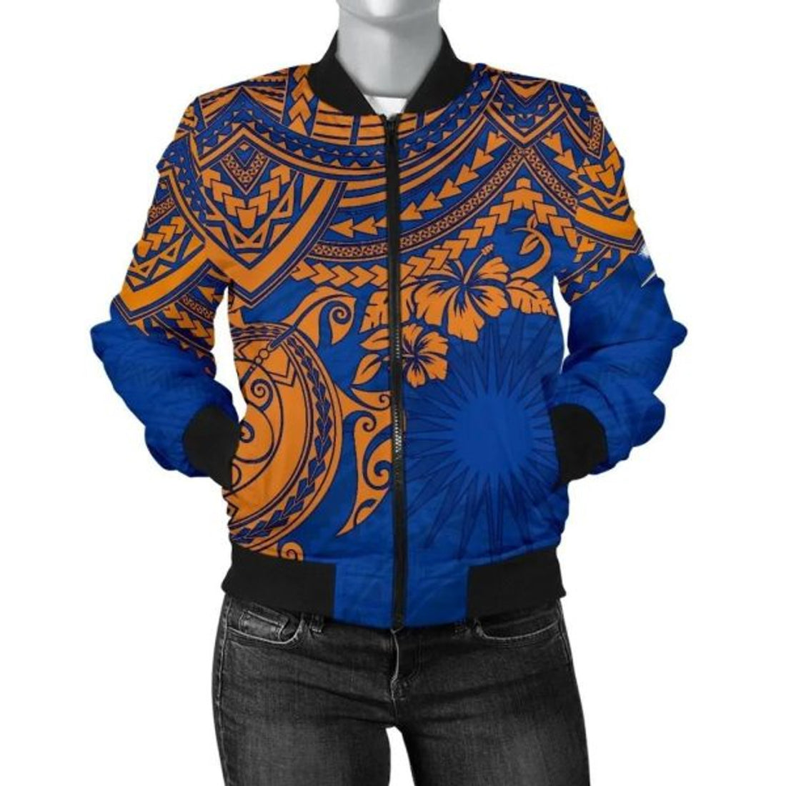 FUNSTUFFPRINTI Marshall Islands Polynesian Bomber Jacket (Women) - Blue Turtle - Bomber Jacket
