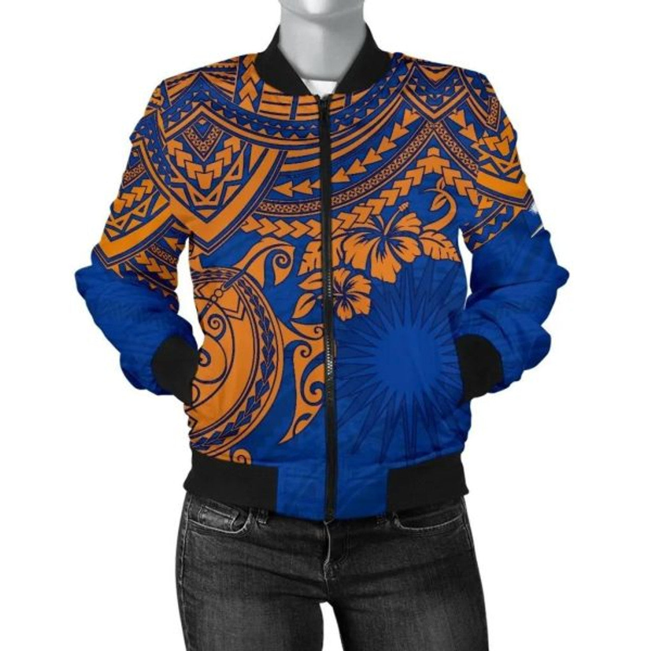 FUNSTUFFPRINTI Marshall Islands Polynesian Bomber Jacket (Women) - Blue Turtle - Bomber Jacket
