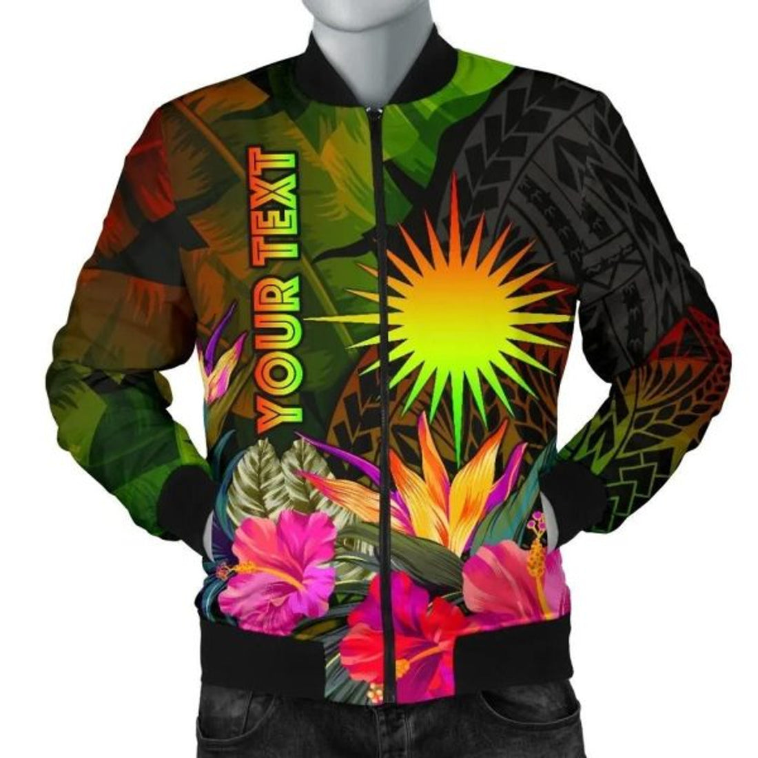 FUNSTUFFPRINTI Marshall Islands Polynesian Personalised Men's Bomber Jacket - Hibiscus and Banana Leaves - Bomber Jacket