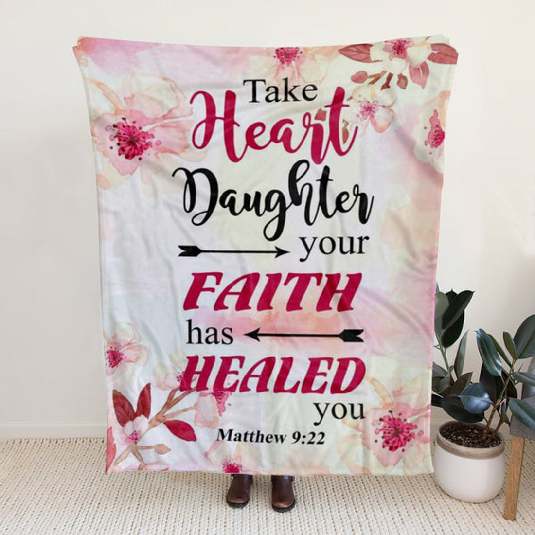 FUNSTUFFPRINT Sherpa Fleece Blanket - Matthew 9:22 Take Heart Daughter Your Faith Has Healed You Christian Blanket