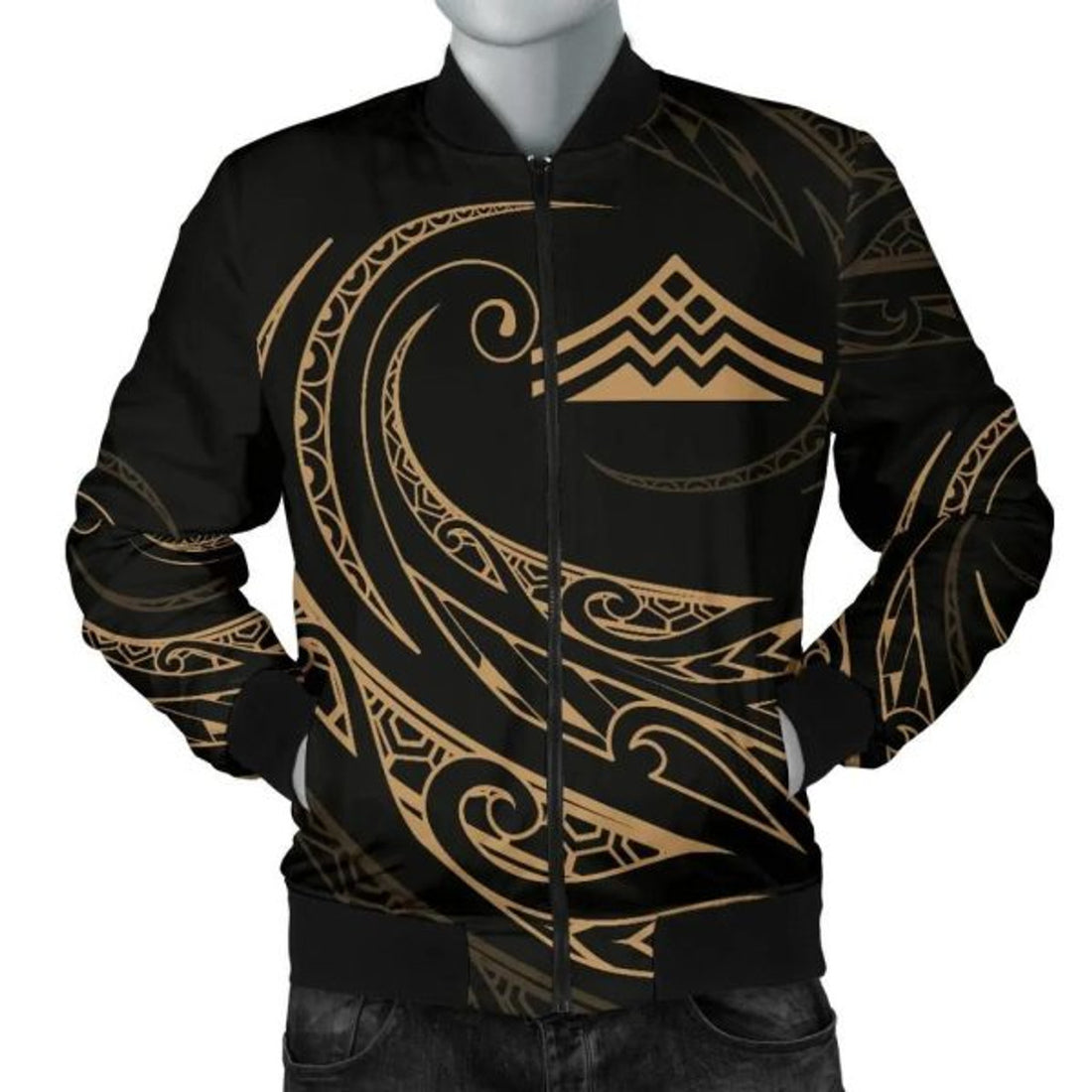 FUNSTUFFPRINTI Mauna Kea Polynesian MenâˆšÂ¢â€šÃ‡Â¨â€šÃ‘Â¢s Bomber Jacket - Gold - Frida Style - AH Bomber Jacket
