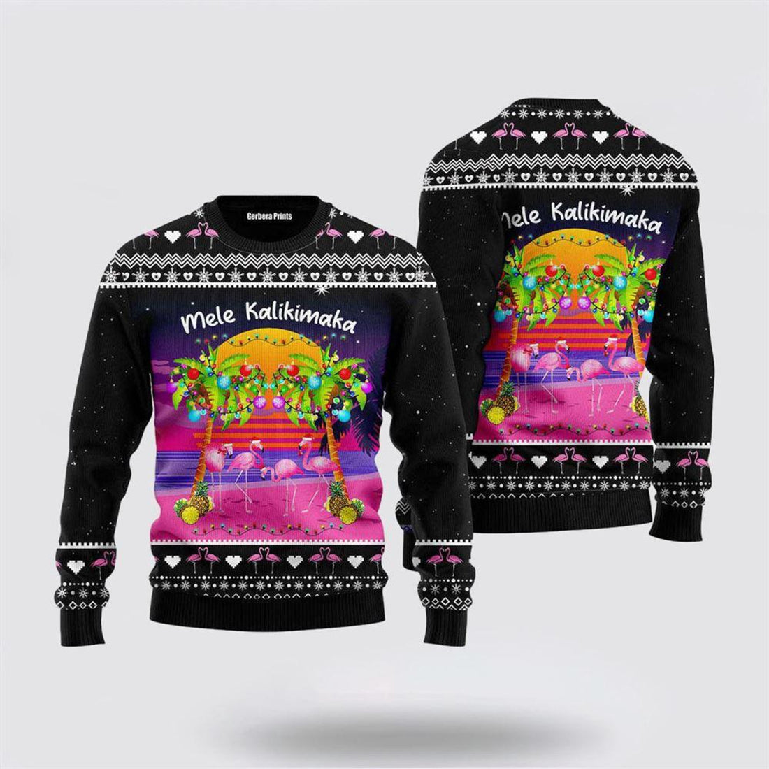 FUNSTUFFPRINT Mele Kalikimaka Flamingo Sunset Ugly Christmas Sweater – Christmas Gifts For Couples Ugly  Sweater