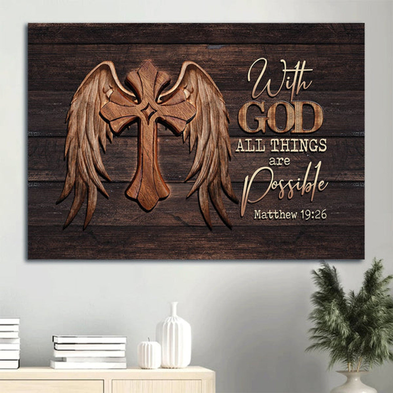 Memorial Angel Wings Unique Cross Memorial Gift For Family Members With God All Things Are Possible Canvas Wall Art - Christian Wall Decor