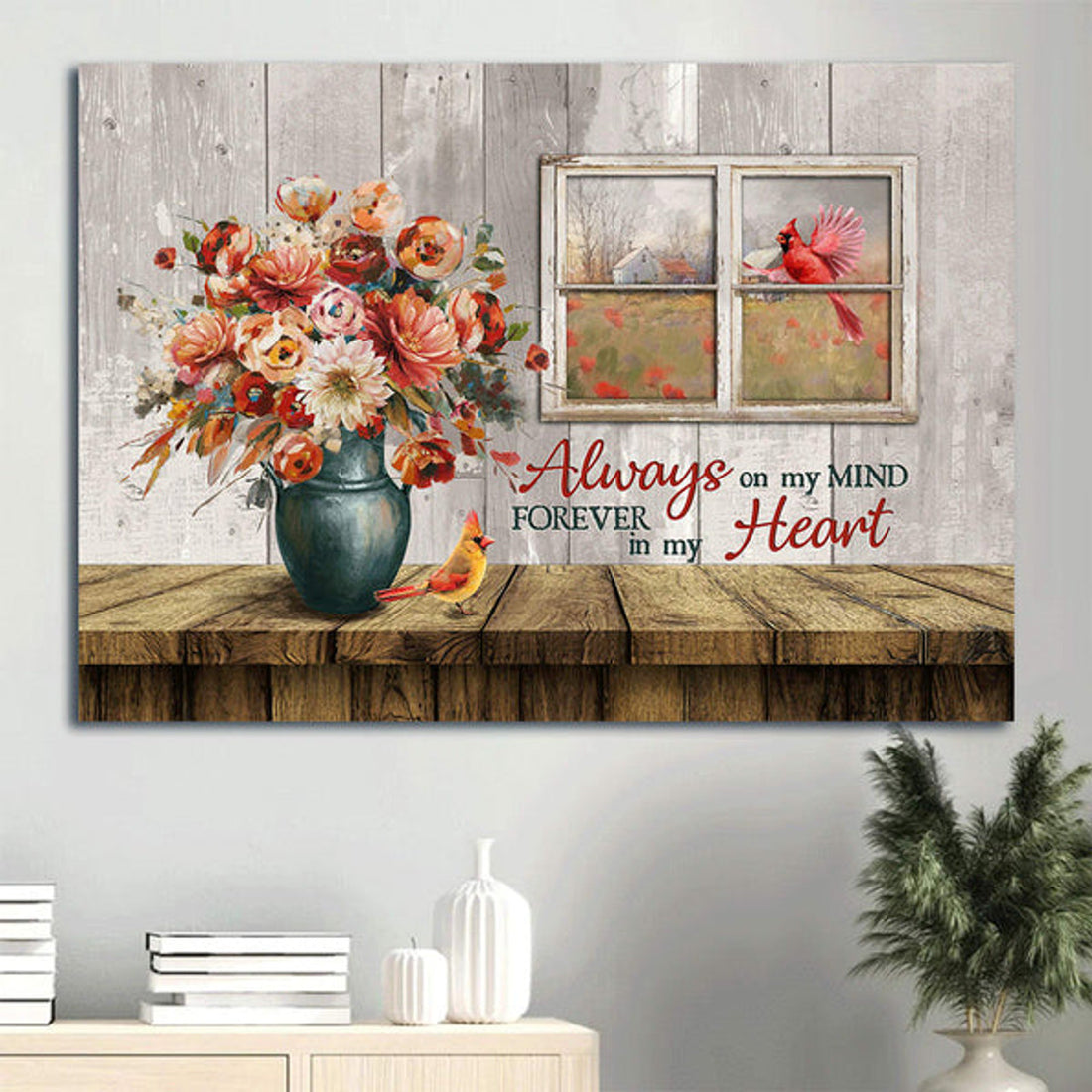 Memorial Brilliant Rose Flower Red Cardinal Vintage Window Canvas Always On My Mind Canvas Wall Art - Christian Wall Decor