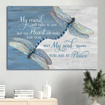 Memorial Dragonfly Painting Blue Background Canvas Gift For Members Family My Mind Still Talks To You Canvas Wall Art - Christian Wall Decor