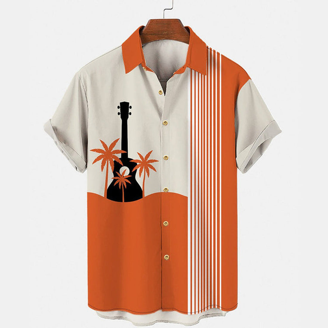 Men's Hawaiian Music Guitar Stripe Panel Casual Shirt