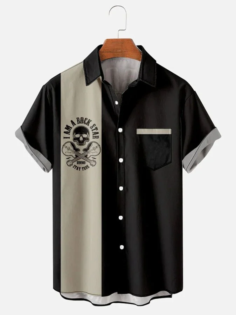 Men's Retro Rock Guitar Casual Short Sleeve Bowling hawaiian Shirt