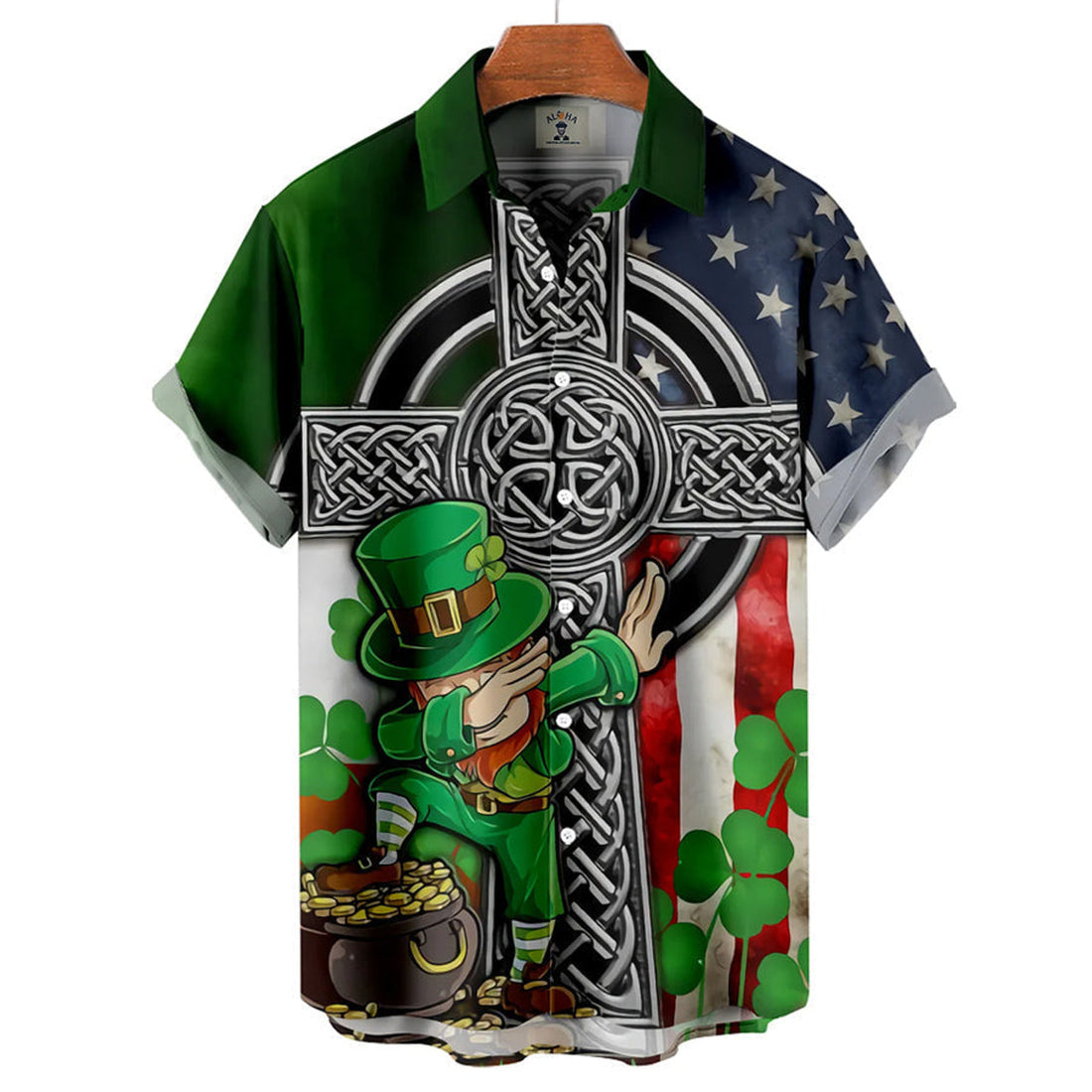Men's St. Patrick's Day Fun Flag Panel Print Short Sleeve hawaiian Shirt