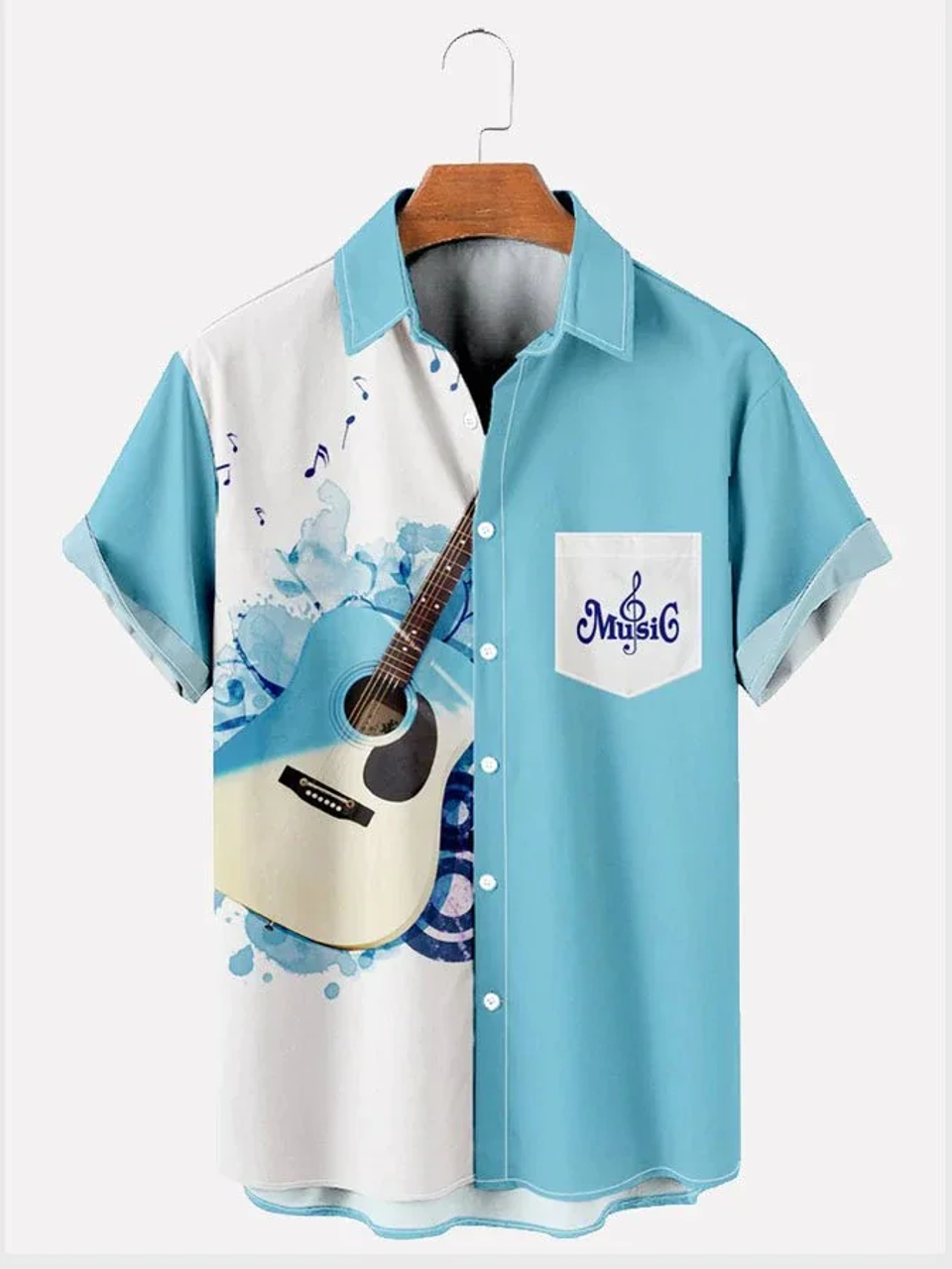 Men's Guitar Pattern Casual Print Loose Short Sleeve hawaiian Shirt