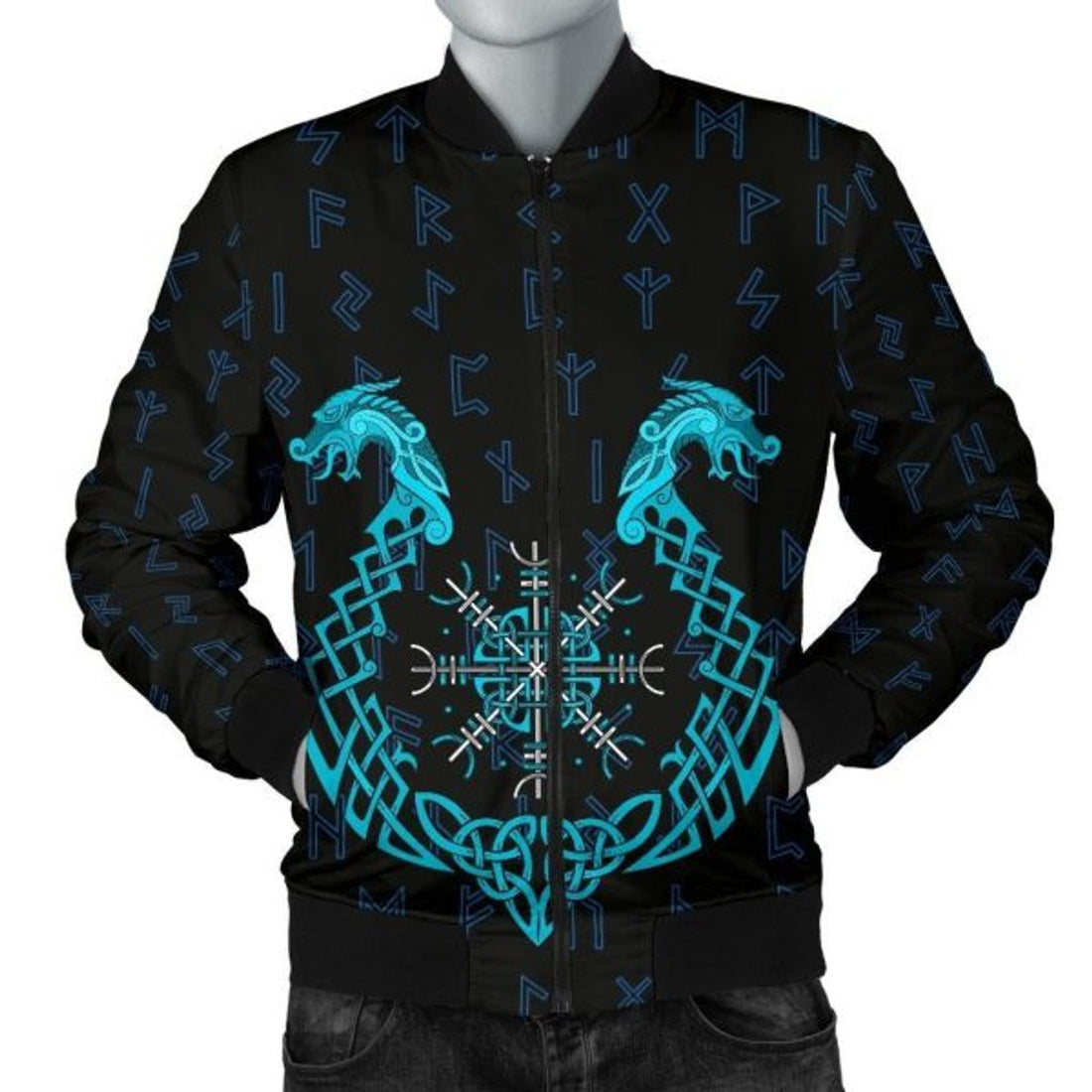 FUNSTUFFPRINTI Men's Bomber Jacket, Aegishjalmur Helm Of Awe Blue Edition Bomber Jacket