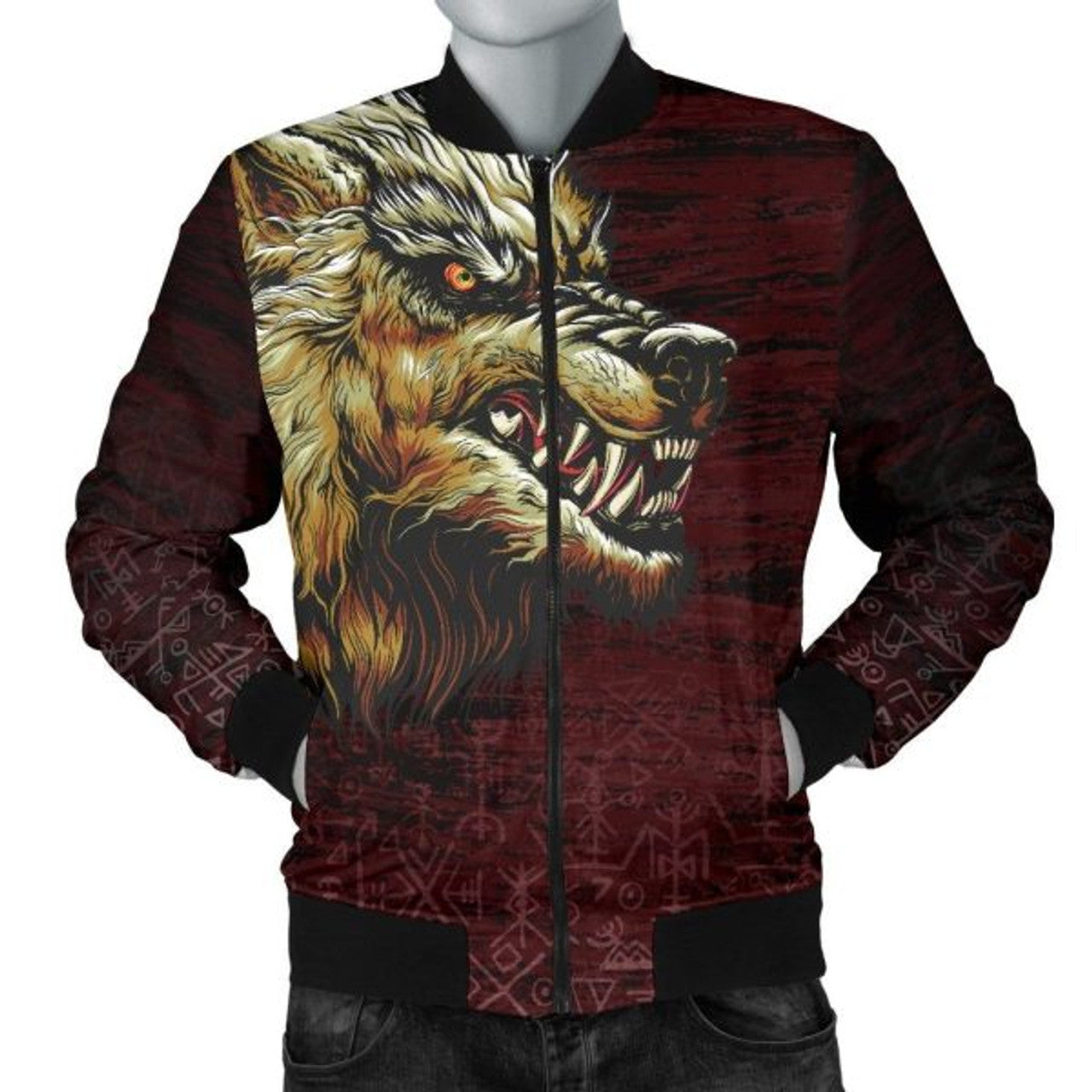 FUNSTUFFPRINTI Men's Bomber Jacket - Fenrir On The Blood Moon Background Bomber Jacket