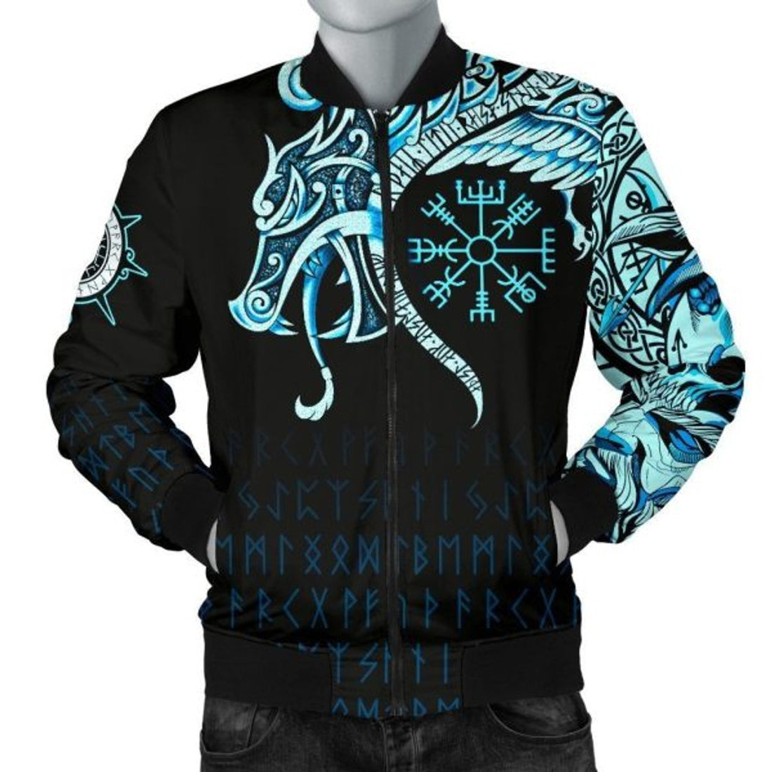 FUNSTUFFPRINT Men's Bomber Jacket, Fenrir Raven And Vegvisir Tattoo Bomber Jacket