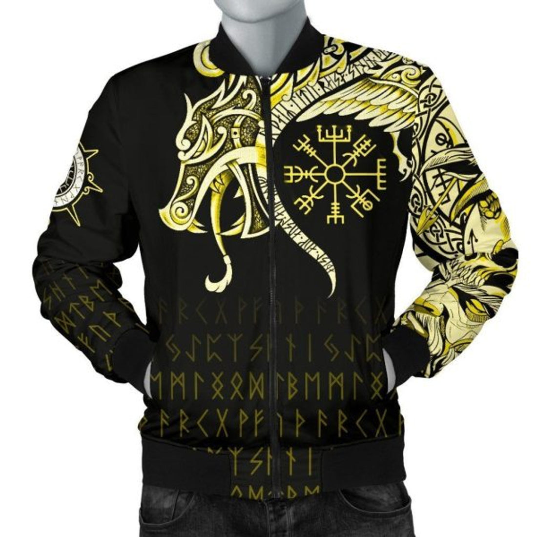FUNSTUFFPRINT Men's Bomber Jacket, Fenrir Raven And Vegvisir Tattoo Bomber Jacket