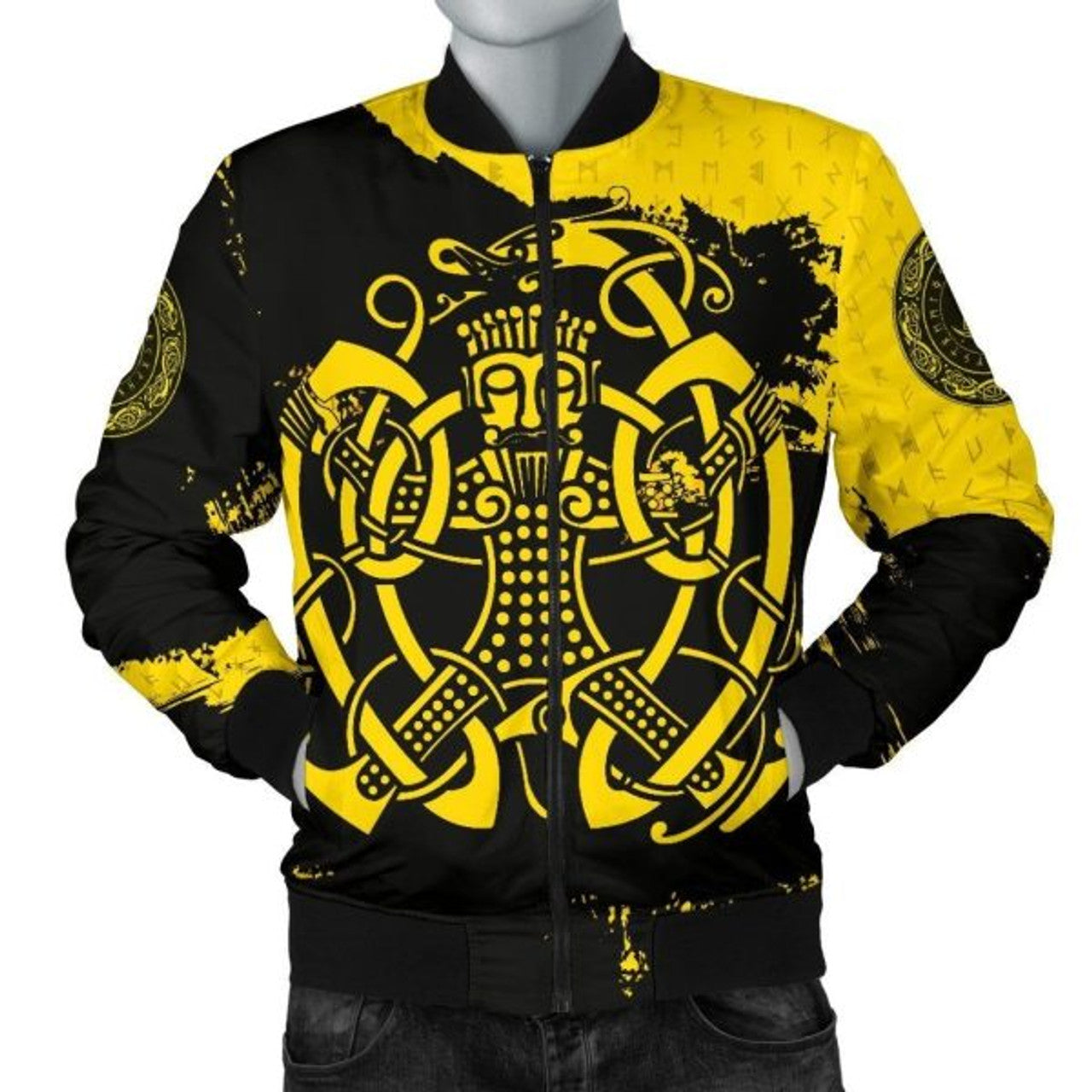 FUNSTUFFPRINTI Men's Bomber Jacket, Loki Bound Triskele Rune Gold Bomber Jacket
