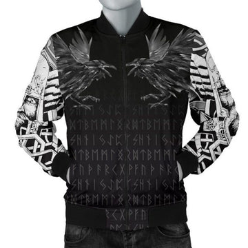 FUNSTUFFPRINTI Men's Bomber Jacket - Odin Huginn and Muninn Rune Bomber Jacket