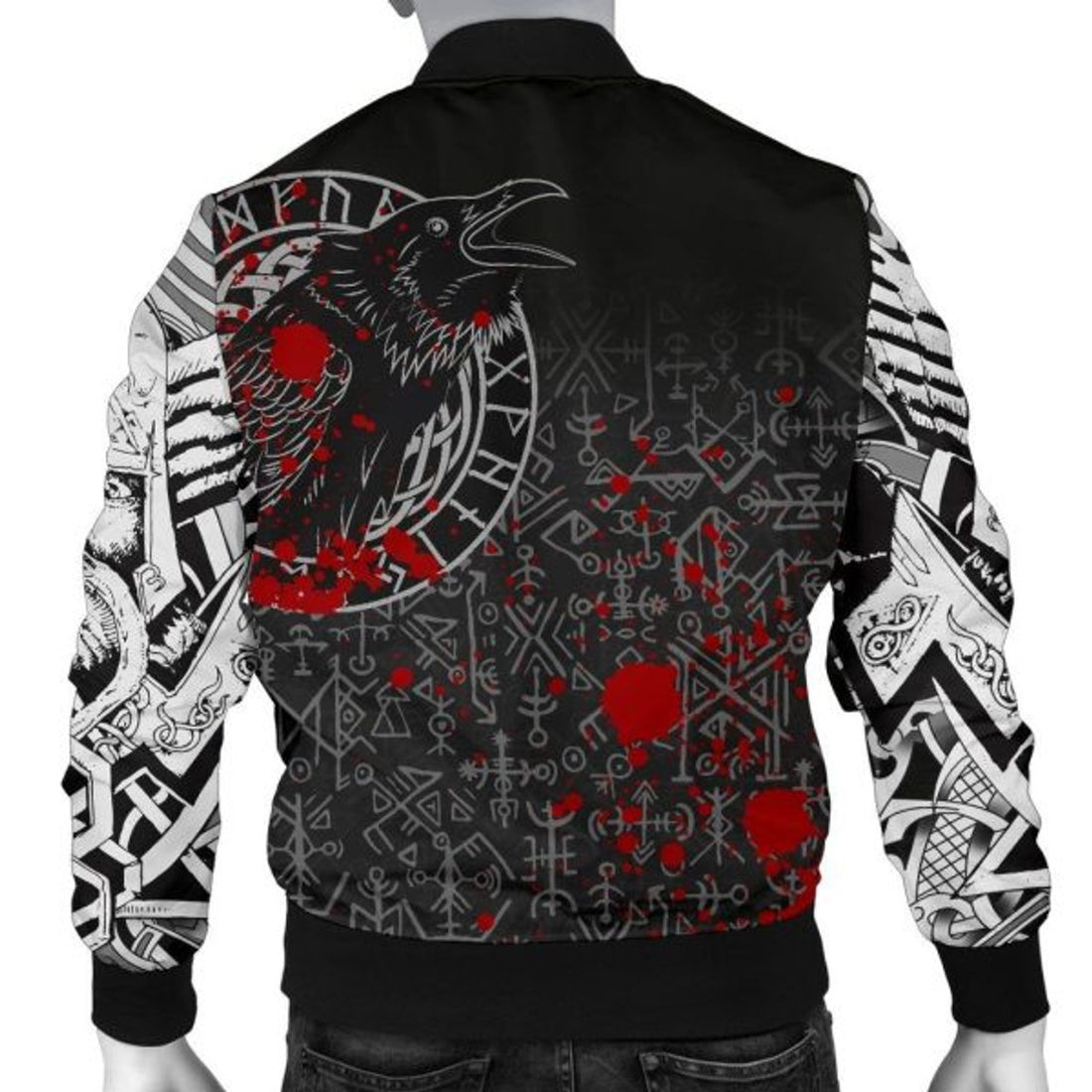 FUNSTUFFPRINTI Men's Bomber Jacket - Odin Raven Rune Futhark Blood Bomber Jacket
