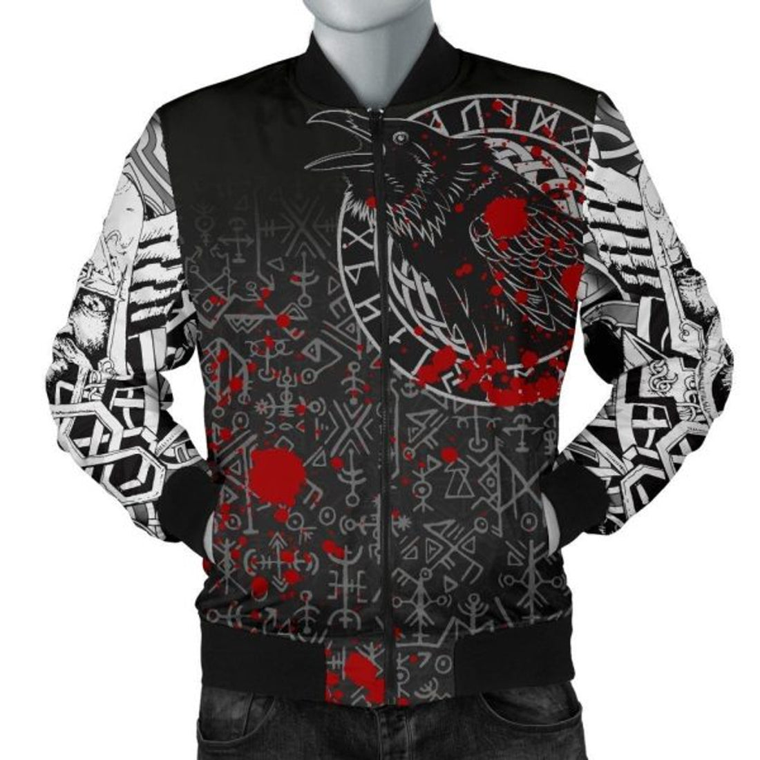 FUNSTUFFPRINTI Men's Bomber Jacket - Odin Raven Rune Futhark Blood Bomber Jacket