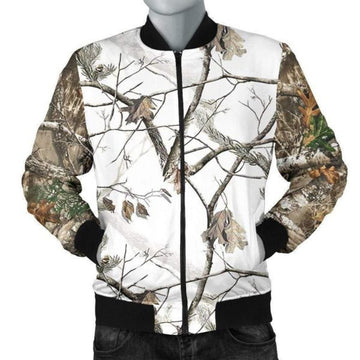 FUNSTUFFPRINTI Men's 3D Bomber Jacket - Reel Tree Snow Camo Bomber Jacket