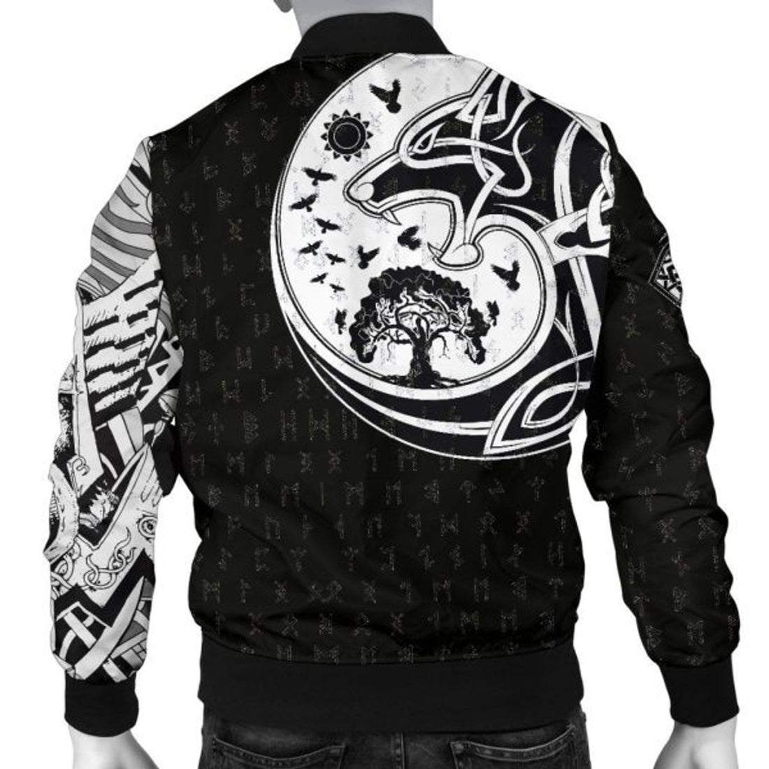FUNSTUFFPRINTI Men's Bomber Jacket, Skoll And Hati Rune Tattoo Bomber Jacket
