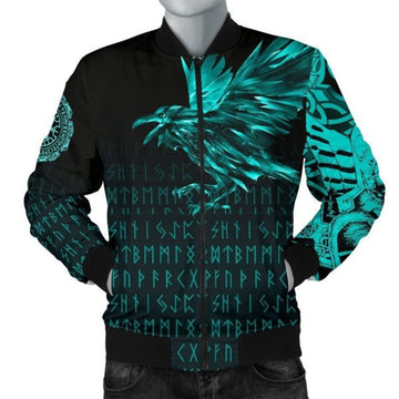 FUNSTUFFPRINTI Men's Bomber Jacket - The Raven Of Odin Rune Cyan Bomber Jacket