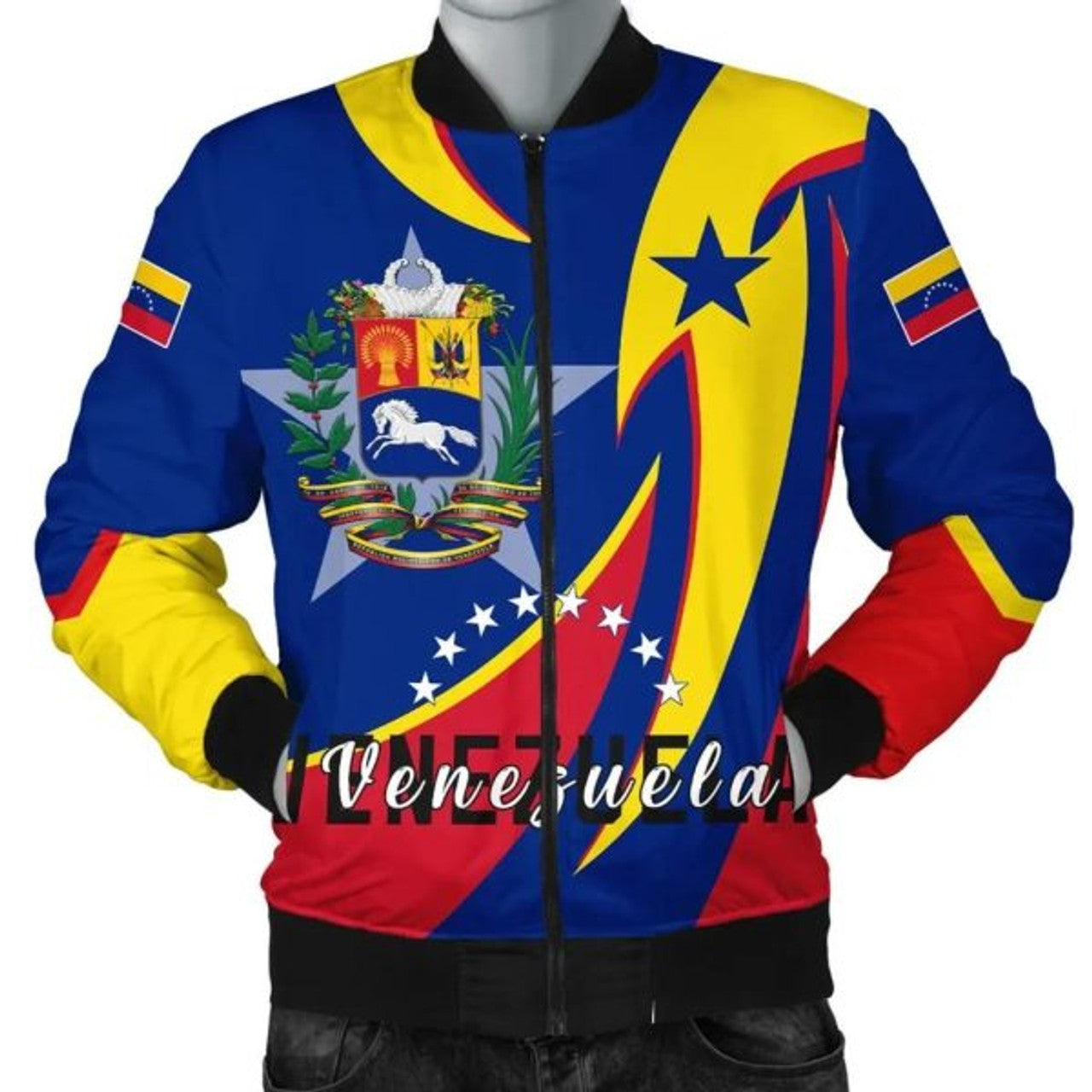 FUNSTUFFPRINTI Men's Bomber Jacket - Venezuela Flag Coat of Arms Bomber Jacket