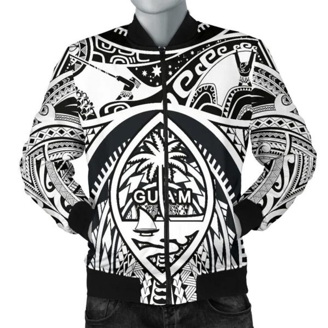 FUNSTUFFPRINTI Men's Bomber Jackets - Guam Flag, Seal with Maui Moana Tattoo - Bomber Jacket