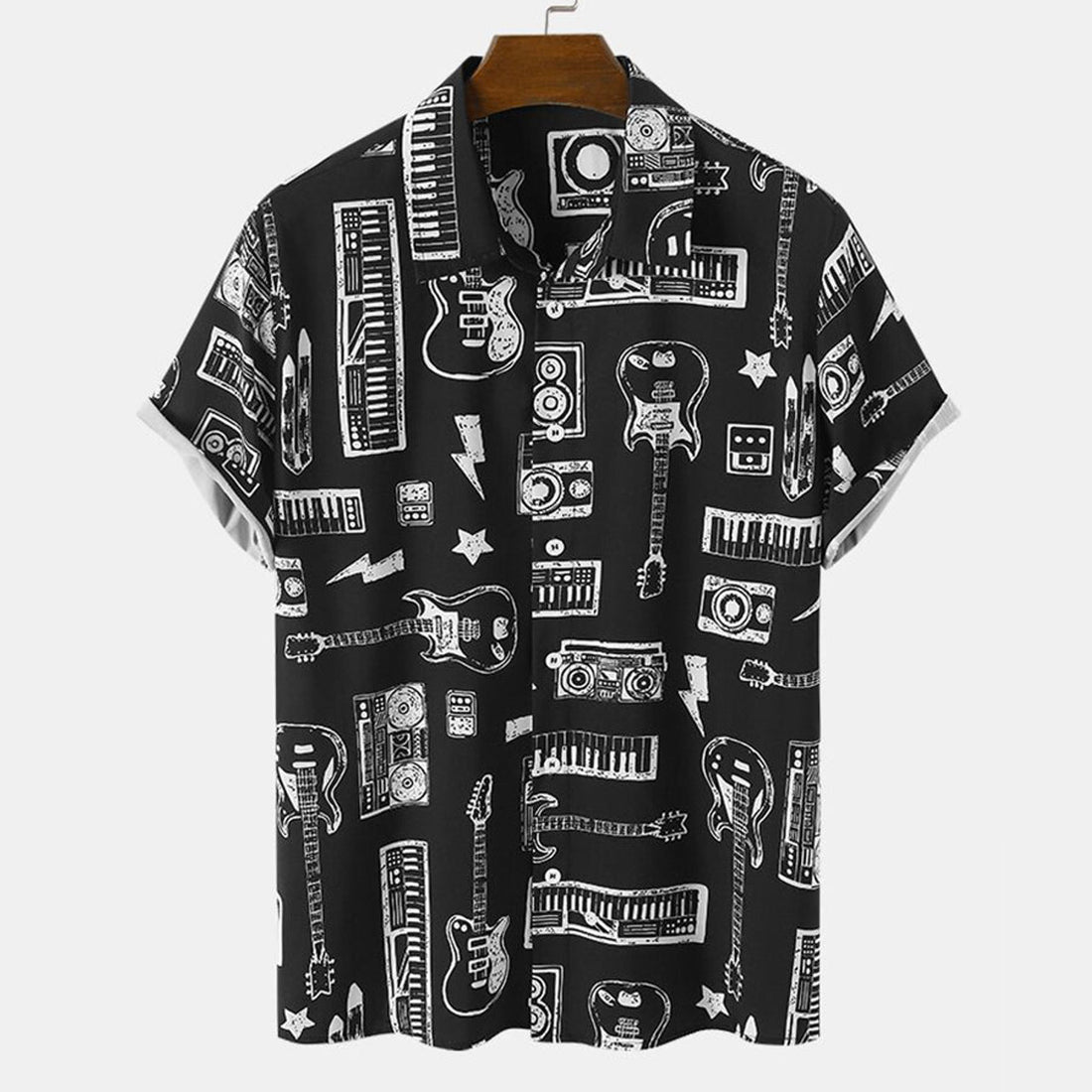 Mens Musical hawaiian shirt, Instrument Print Button Front Short Sleeve Black Shirts