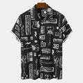 Mens Musical hawaiian shirt, Instrument Print Button Front Short Sleeve Black Shirts