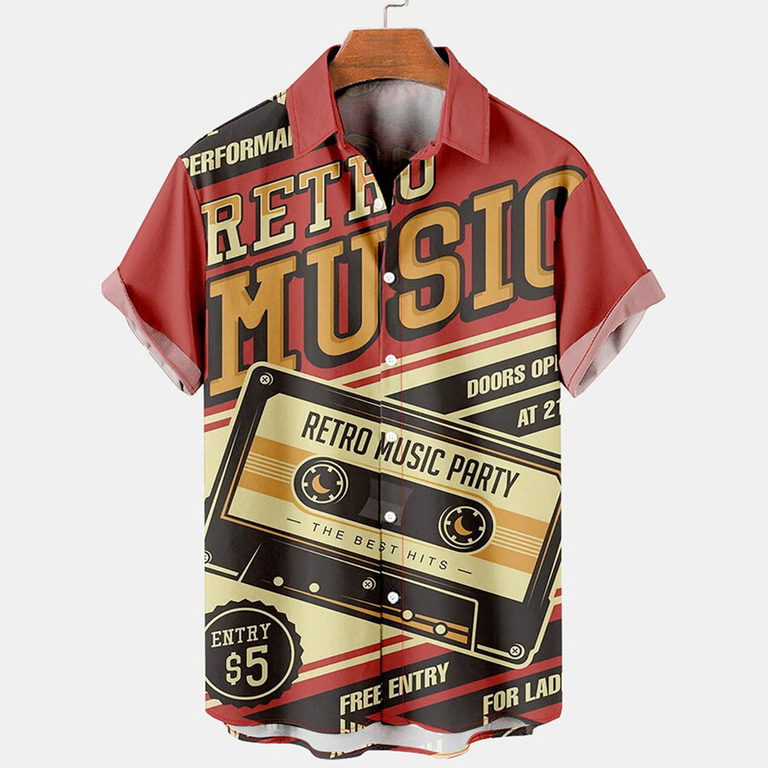 Mens Retro Music Print Lapel Loose Short Sleeve Hawaiian Shirts
