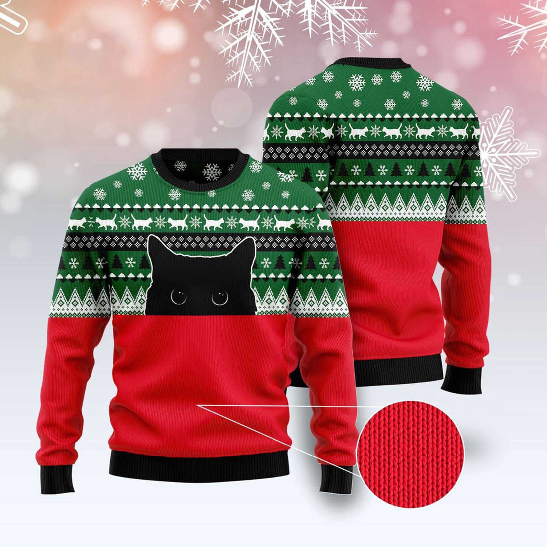 FUNSTUFFPRINT Meow Meow Black Cat Ugly Christmas Sweater, Christmas Cat Ugly Sweater, Ugly Cat Xmas Sweater Ugly Sweater