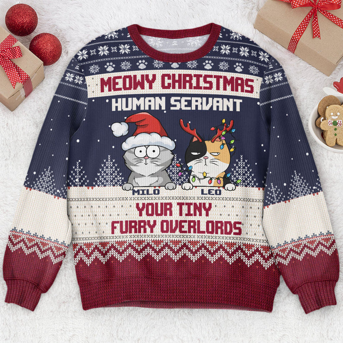 FUNSTUFFPRINT Custom Meowy Christmas Human Servant Ugly Sweater