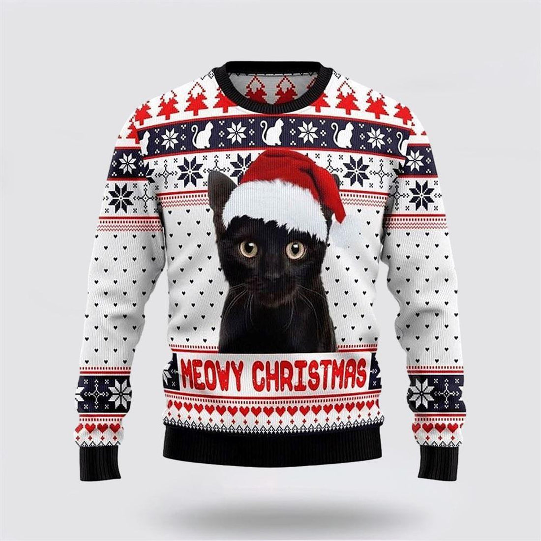 FUNSTUFFPRINT Meowy Black Cat Christmas White Sweater – Cat Lover Christmas Sweater Ugly  Sweater
