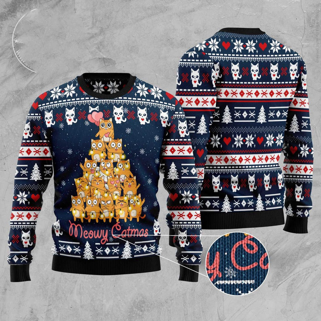 FUNSTUFFPRINT Meowy Catmas Ugly Christmas Sweater, Christmas Cat Ugly Sweater, Ugly Cat Xmas Sweater Ugly Sweater