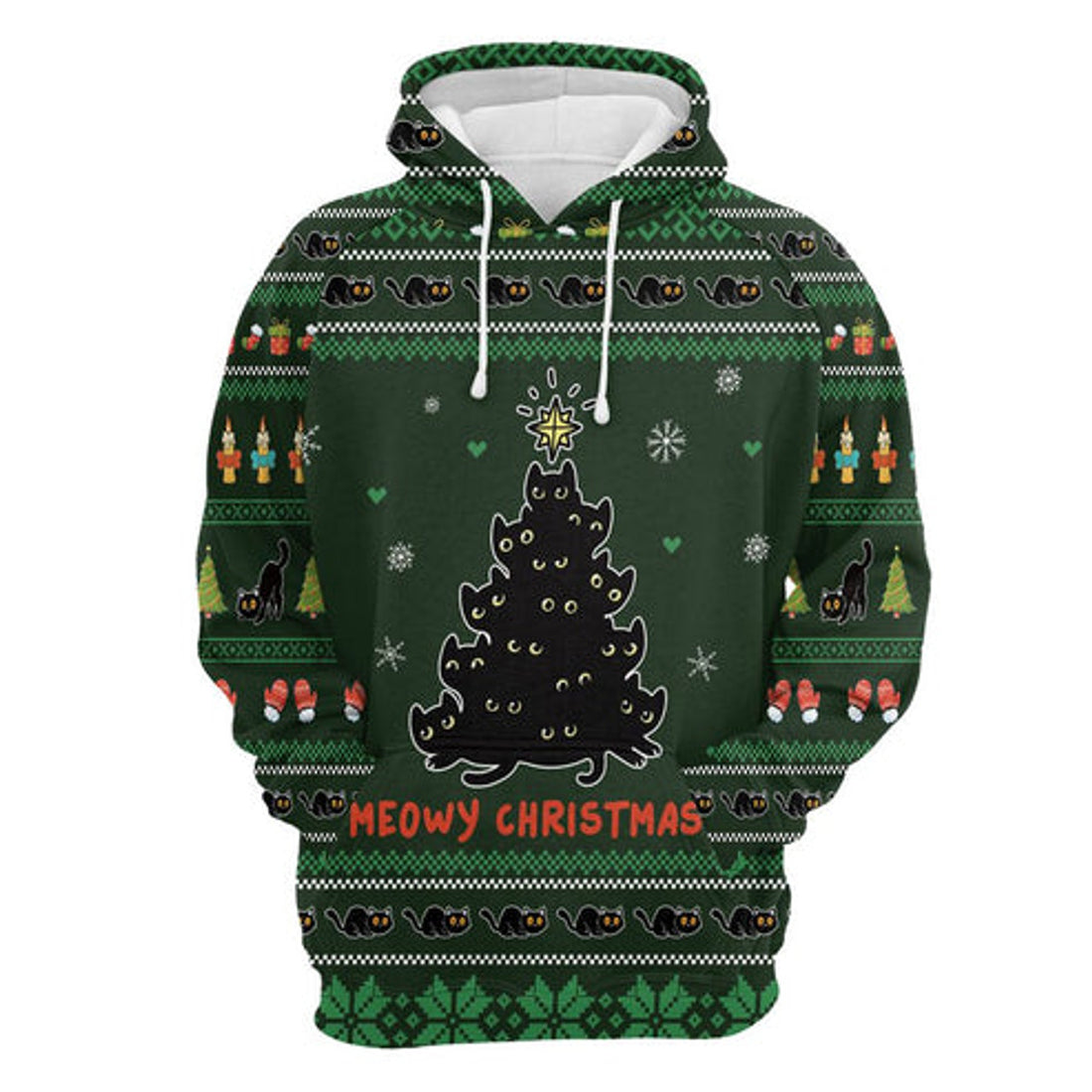 FUNSTUFFPRINT 3D Meowy Christmas Black Cat All Over 3D Hoodie and Zip Hoodie