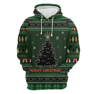 FUNSTUFFPRINT 3D Meowy Christmas Black Cat All Over 3D Hoodie and Zip Hoodie