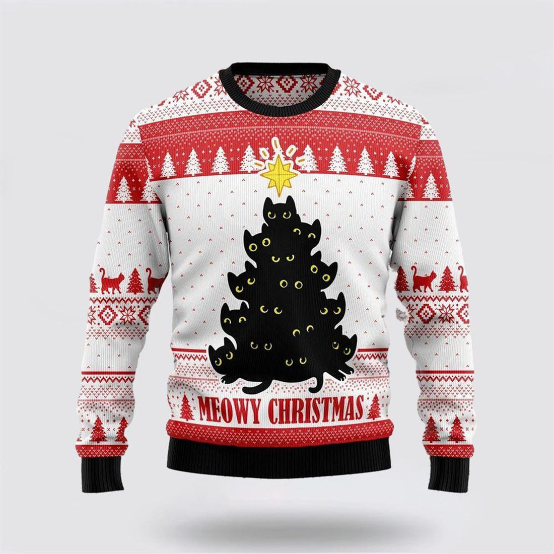 FUNSTUFFPRINT Meowy Christmas Funny Family Ugly Christmas Sweater – Cat Lover Christmas Sweater Ugly  Sweater