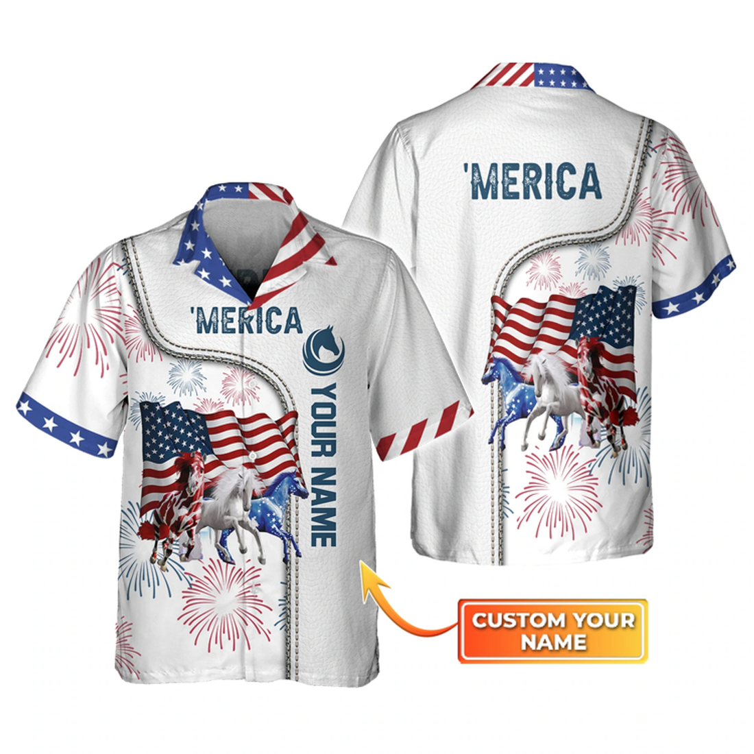 Custom American Horse 4th of july shirt, Personalized Name 3D Hawaiian Shirt