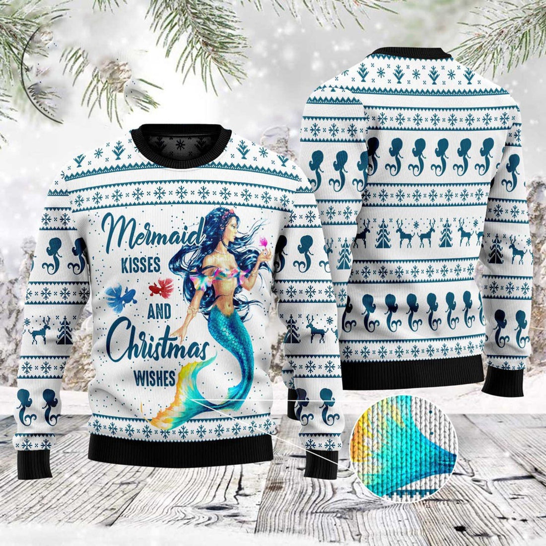 FUNSTUFFPRINT Mermaid Wishes Ugly Christmas Sweater, Christmas Sweater, Ugly Sweater, Funny Xmas Sweaters Ugly Sweater