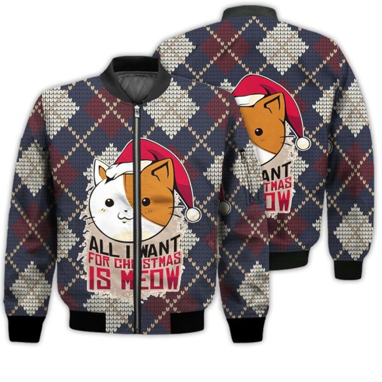 FUNSTUFFPRINTI Merry Christmas All I Want For Christmas Is Meow Retro Christmas Holiday Gifts Unisex 3D Bomber Jacket