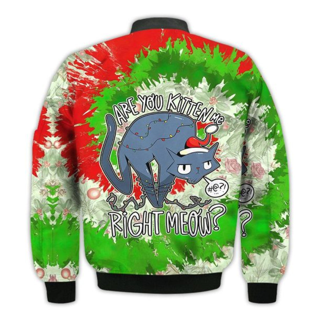 FUNSTUFFPRINTI Merry Christmas Angry Cat Are You Kitten Me Right Meow Lights Retro Christmas Holiday Gifts Unisex 3D Bomber Jacket