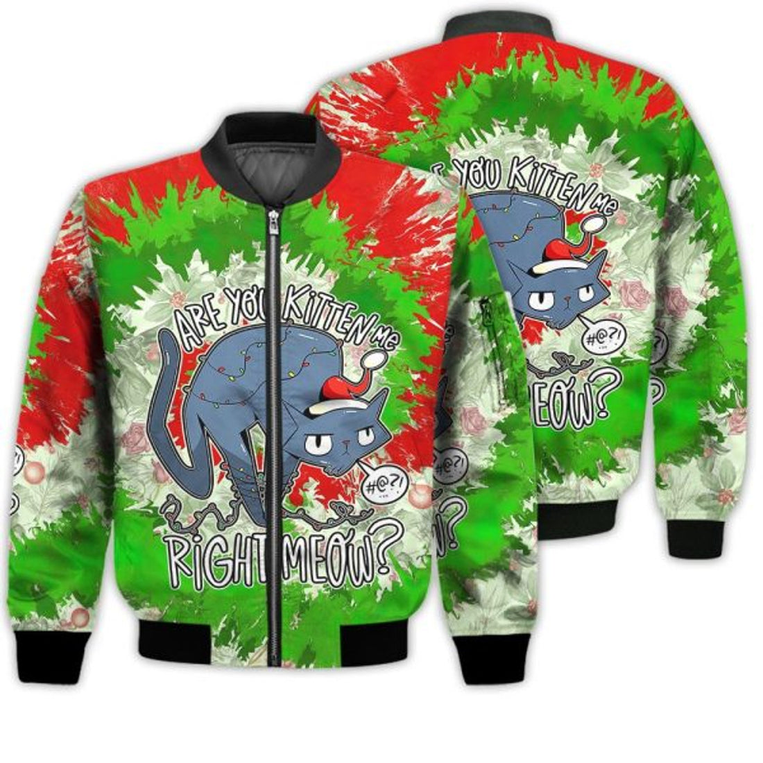 FUNSTUFFPRINTI Merry Christmas Angry Cat Are You Kitten Me Right Meow Lights Retro Christmas Holiday Gifts Unisex 3D Bomber Jacket