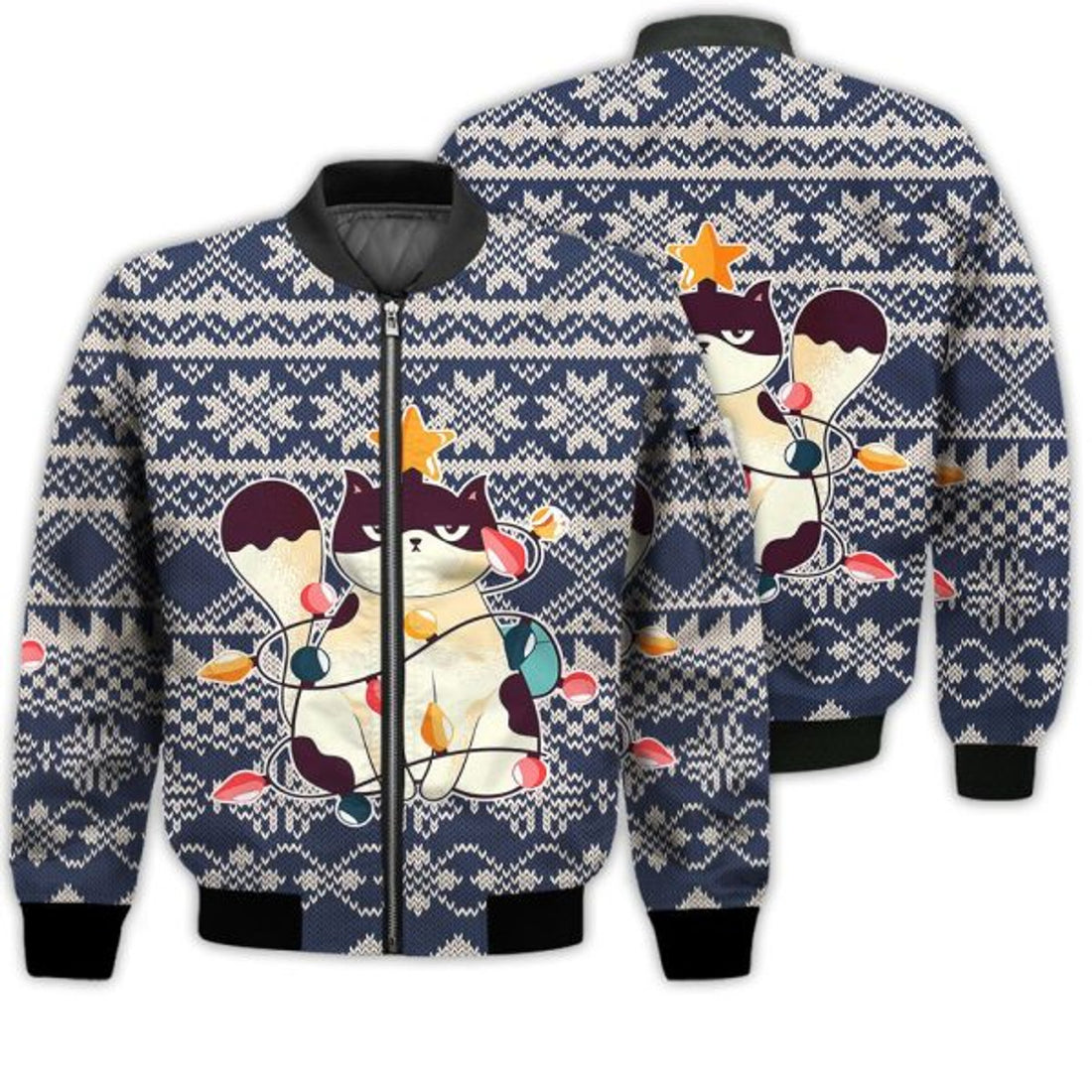 FUNSTUFFPRINTI Merry Christmas Angry Christmas Cat Retro Christmas Holiday Gifts Unisex 3D Bomber Jacket