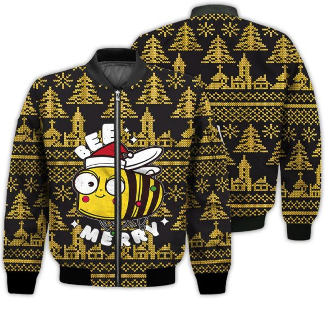 FUNSTUFFPRINTI Merry Christmas Bee Merry Retro Christmas Holiday Gifts Unisex 3D Bomber Jacket