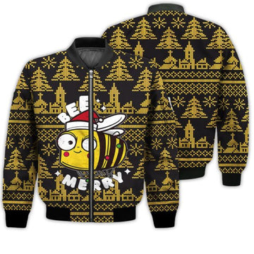 FUNSTUFFPRINTI Merry Christmas Bee Merry Retro Christmas Holiday Gifts Unisex 3D Bomber Jacket