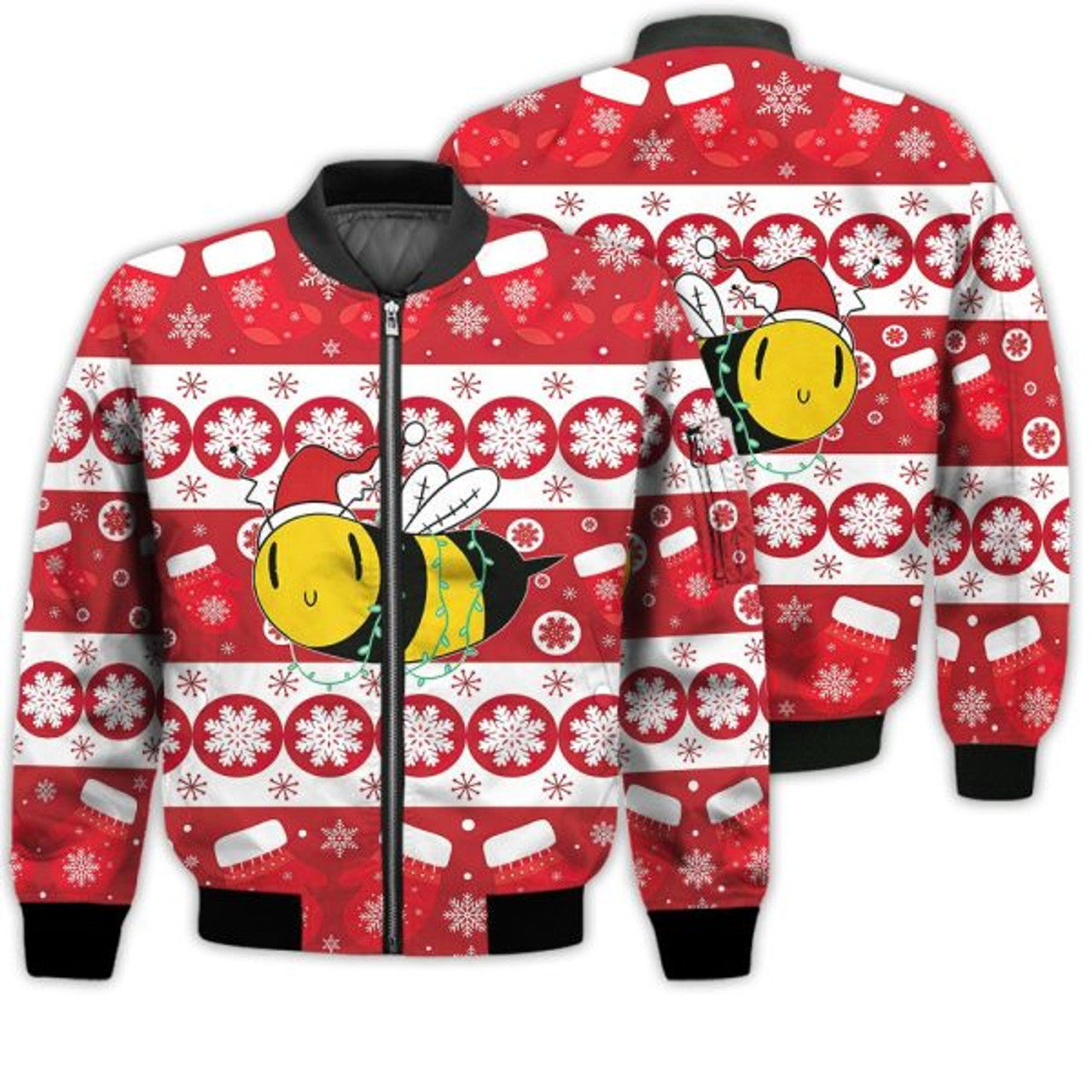 FUNSTUFFPRINTI Merry Christmas Bee Retro Christmas Holiday Gifts Unisex 3D Bomber Jacket
