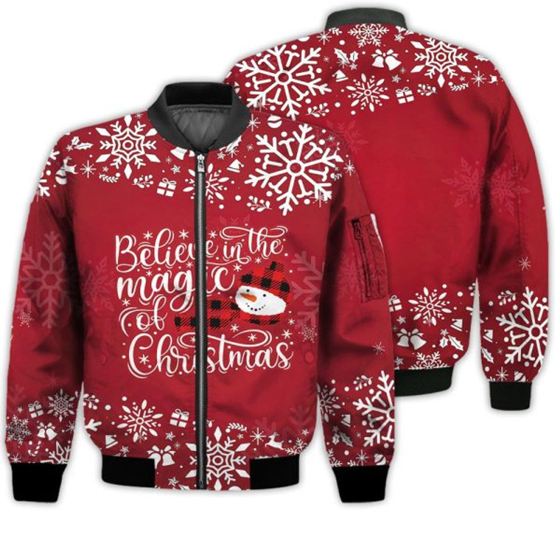 FUNSTUFFPRINTI Merry Christmas Believe In The Magic Of Christmas Retro Christmas Holiday Gifts Unisex 3D Bomber Jacket