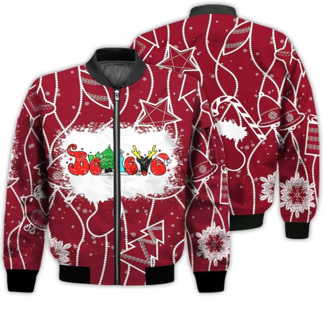FUNSTUFFPRINTI Merry Christmas Believe Retro Christmas Holiday Gifts Unisex 3D Bomber Jacket