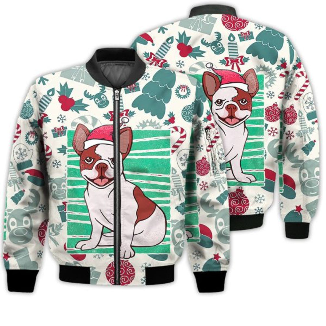 FUNSTUFFPRINTI Merry Christmas Bulldog Retro Christmas Holiday Gifts Unisex 3D Bomber Jacket