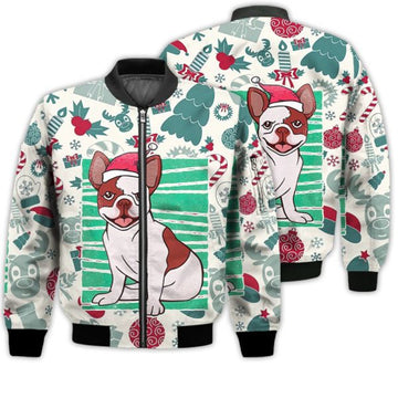 FUNSTUFFPRINTI Merry Christmas Bulldog Retro Christmas Holiday Gifts Unisex 3D Bomber Jacket