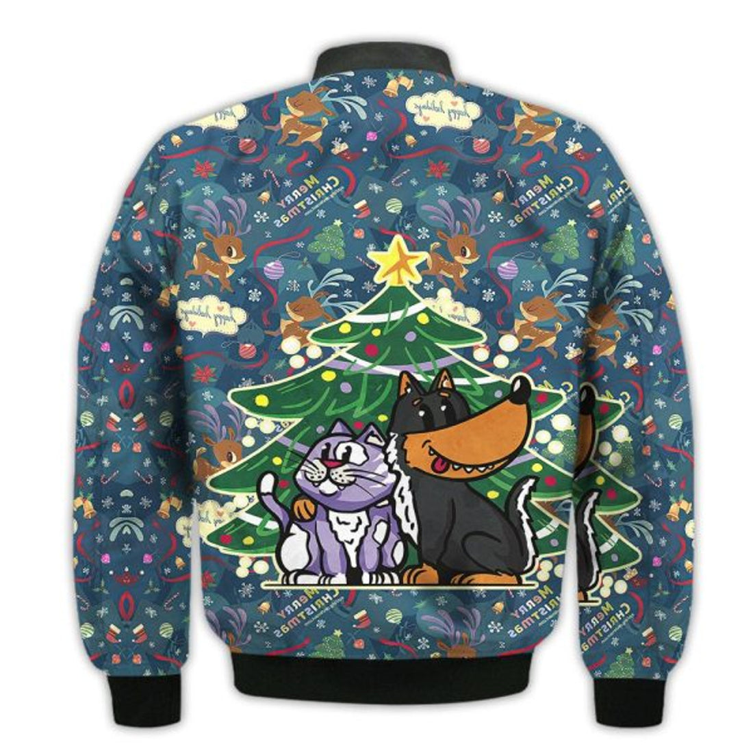 FUNSTUFFPRINTI Merry Christmas Cat And Dog Under Christmas Tree Retro Christmas Holiday Gifts Unisex 3D Bomber Jacket